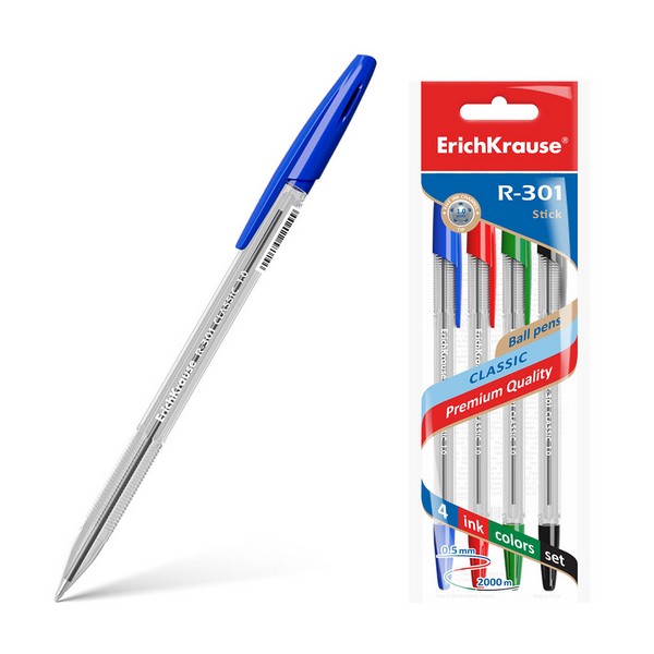 Набор ручек шариковых 4 цв., R-301 Classic Stick 1.0, цвет чернил: синий, черный, красный, зеленый (в пакете),  ErichKrause 44593