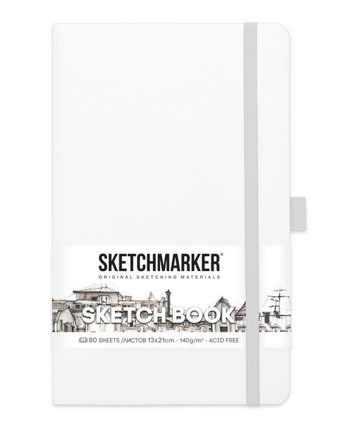 Блокнот для зарисовок "Sketchbook" 130*210 мм, 140 г/м2, 80л., твердая обложка, белый, Sketchmarker 2314103SM