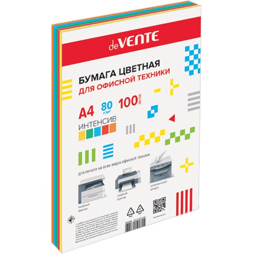 Бумага д/ксер. цветная "deVENTE" фА4, 80г/м2, 100л., интенсивные цвета, ассорти (5 цветов), в пластиковом пакете 2072218