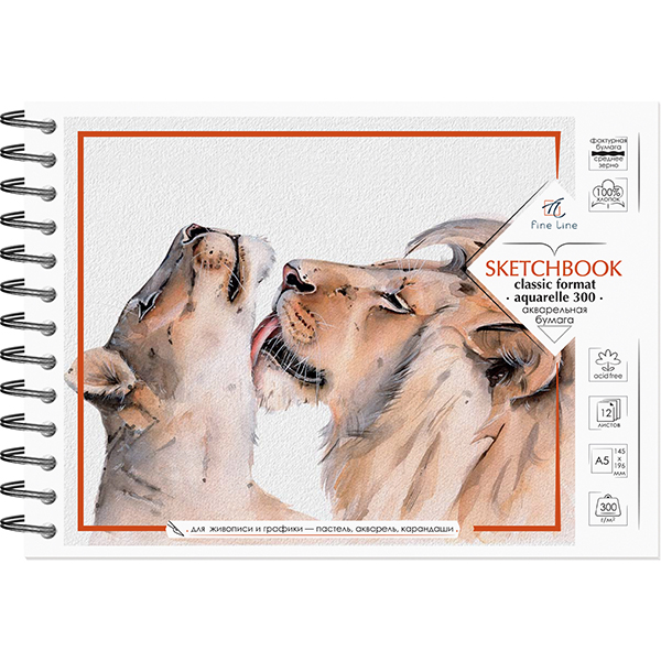 Блокнот для зарисовок "Sketchbook" на гребне, А5, 300 г/м2, акварельная 100% хлопок, 12л., "Classic Format" , Полином 3223