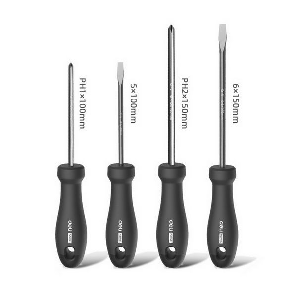 Набор отверток "Home Series Black" Deli 4шт SL5x100+SL6x150+PH1x100+PH2x150, эксклюзивный дизайн, рукоятка из высококачественного софттач пластика HT1004