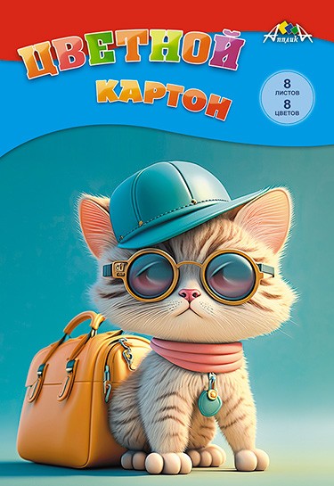 Набор цветного картона фА4, 8цв., 8л., "Крутой котенок", Апплика С0003-54