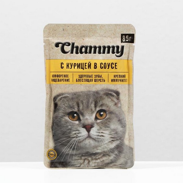 Влажный корм Chammy для кошек, курица, кусочки в соусе, пауч, 85 г   2084946 2084946    
