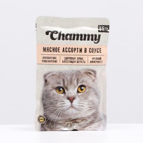 Влажный корм Chammy для кошек, мясное ассорти в соусе, пауч, 85 г 3182688 3182688    