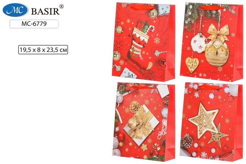 Пакет подарочный "НОВОГОДНЕЕ НАСТРОЕНИЕ" плотный, красного цвета с рисунком, с блёстками ассорти, размер 19,5*8*23,5 см. МС-6779