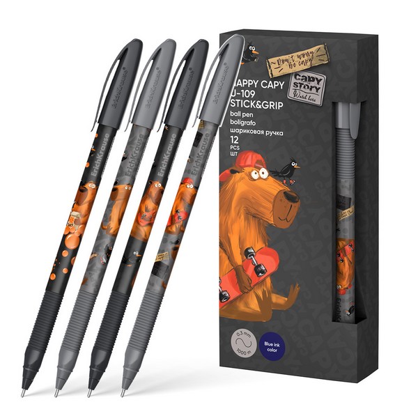 Ручка шариковая ErichKrause® U-109 Stick&Grip Happy Capy 1.0, Ultra Glide Technology, цвет чернил синий 61101