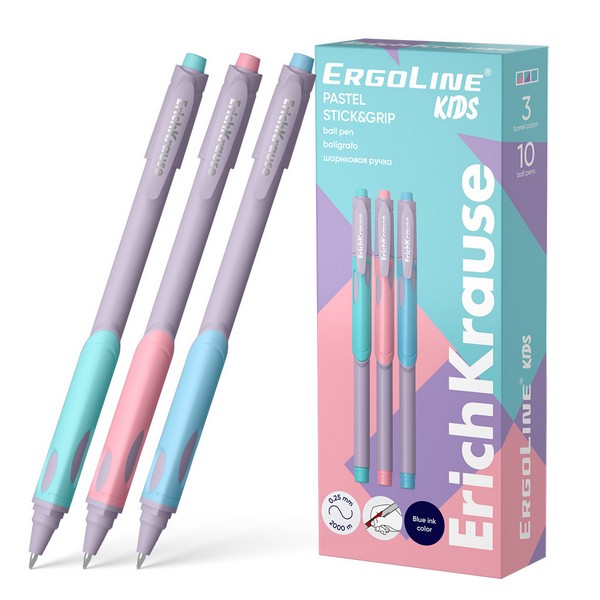 Ручка шариковая ErichKrause® ErgoLine® Kids Stick&Grip Pastel 0.5, Ultra Glide Technology, цвет чернил синий 62037