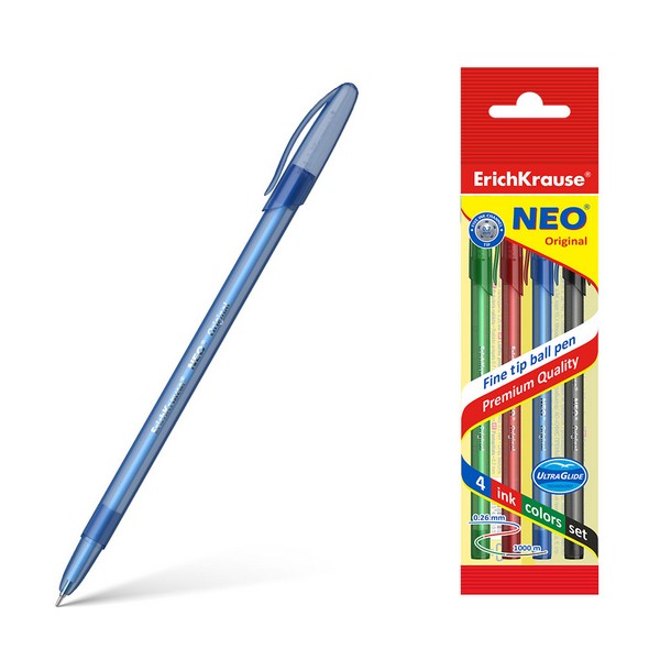 Набор из 4 ручек шариковых ErichKrause® Neo® Stick Original 0.7, цвет чернил: синий, черный, красный, зеленый (в пакете по 4 шт.) 47509