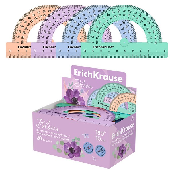 Транспортир пластиковый ErichKrause Pastel Bloom, 180°/10см, ассорти (в коробке-дисплее по 20 шт) 61846