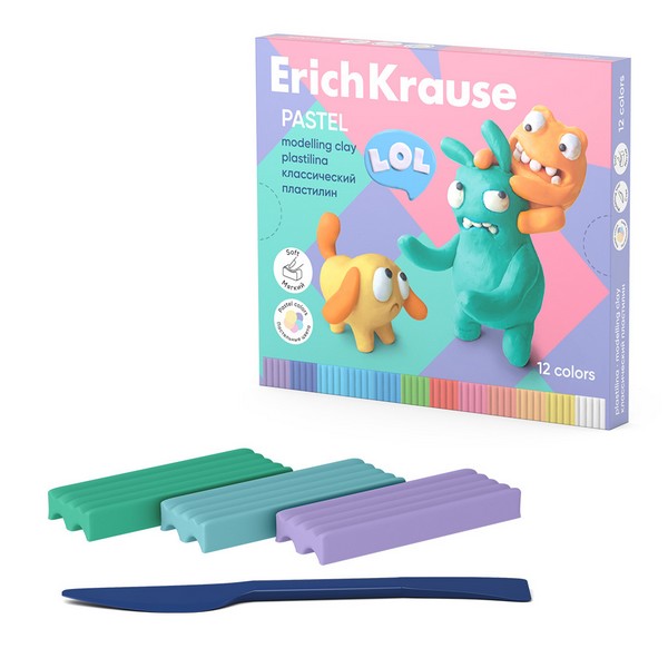 Пластилин классический ErichKrause Jolly Friends Pastel 12 цветов со стеком, 216 г (в коробке 12 шт) 61352
