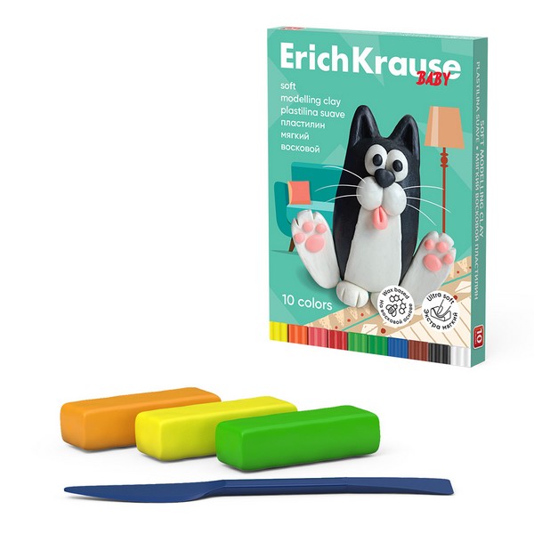 Пластилин мягкий восковой ErichKrause Baby 10 цветов со стеком, 130 г (в коробке 10 шт) 61327