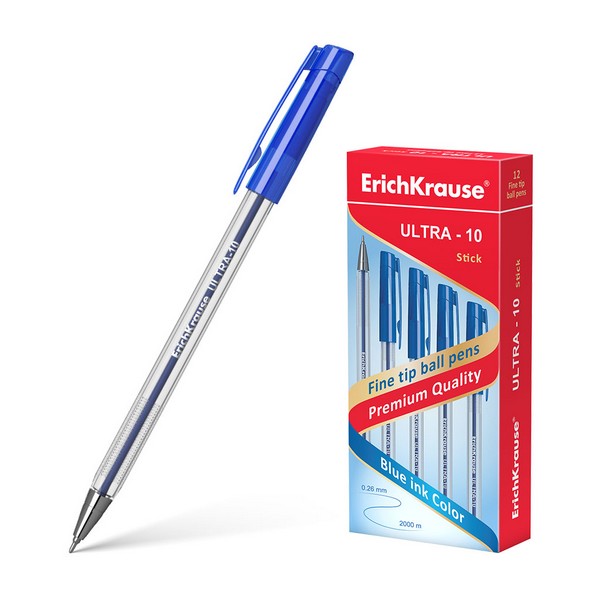 Ручка шариковая ErichKrause Ultra-10 синяя, прозрачный корпус, с рельефной поверхностью для пальцев, 0.6мм (12/144/1728) 13873
