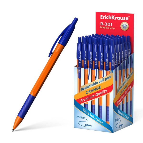 Ручка шариковая автоматическая ErichKrause® R-301 Matic&Grip Orange 1.0, цвет чернил синий (в коробке по 50 шт.) 46762