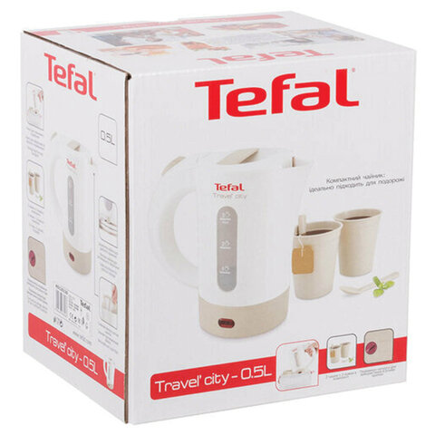 Чайник TEFAL KO120130, 0,5 л, 650 Вт, закрытый нагревательный элемент, пластик, бело-бежевый (комплект:две чашки и две ложки), 7211001544 456509