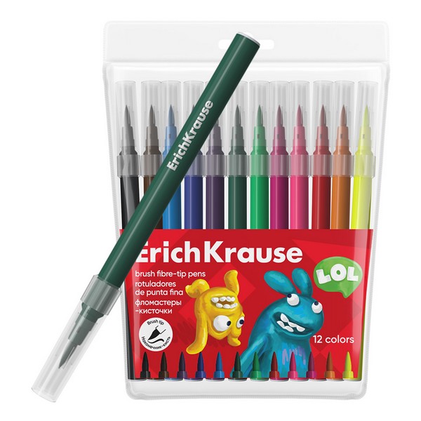 Фломастеры-кисточки 12цв., "Jolly Friends Washable", ErichKrause (в футляре с европодвесом 12 шт) 61834