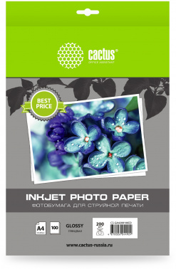 Фотобумага Cactus, A4, 200г, 100л., белый глянцевое для струйной печати CS-GA4200100ED