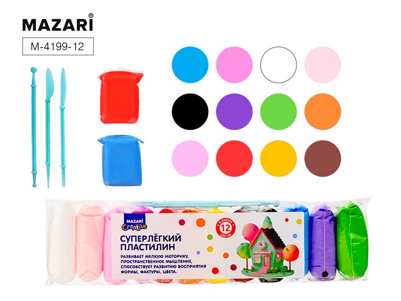 Суперлёгкий пластилин, воздушный (масса д/лепки), 12 цв. по 13 г, пластиковые стеки 3 шт в комплекте, ОПП-упаковка M-4199-12
