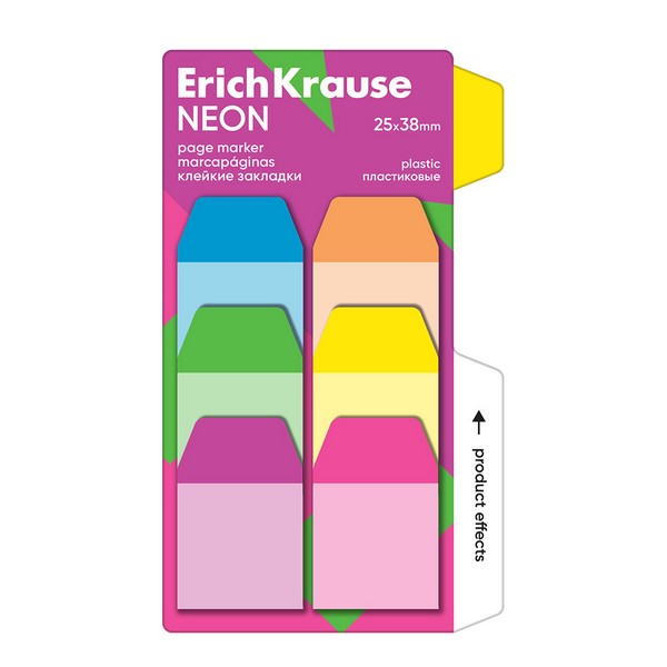 Клейкие закладки пластиковые ErichKrause Neon, 25X38 мм, 60 листов, 6 цветов 61585