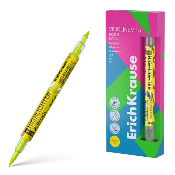 Двухсторонний текстмаркер ErichKrause Visioline V-16 Brush Neon, цвет чернил желтый (в коробке по 12 шт.) 60794