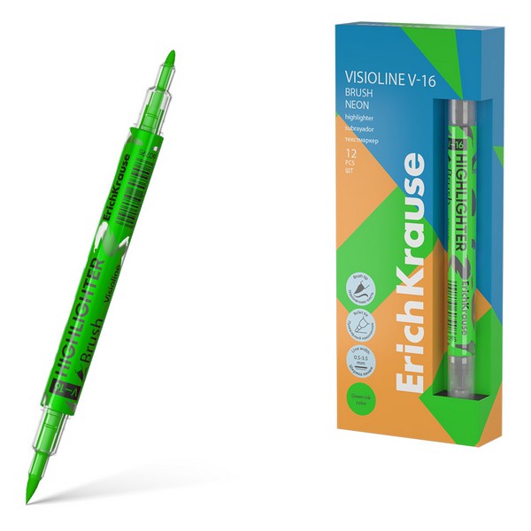 Двухсторонний текстмаркер ErichKrause Visioline V-16 Brush Neon, цвет чернил зеленый (в коробке по 12 шт.) 60795