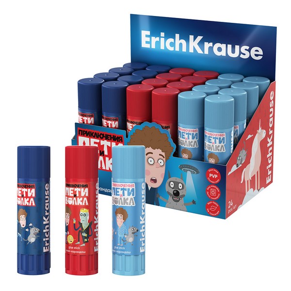 Клей-карандаш ErichKrause EasyStick Приключения Пети и Волка, 13г, ассорти (в коробке-дисплее по 24 шт.) 60501