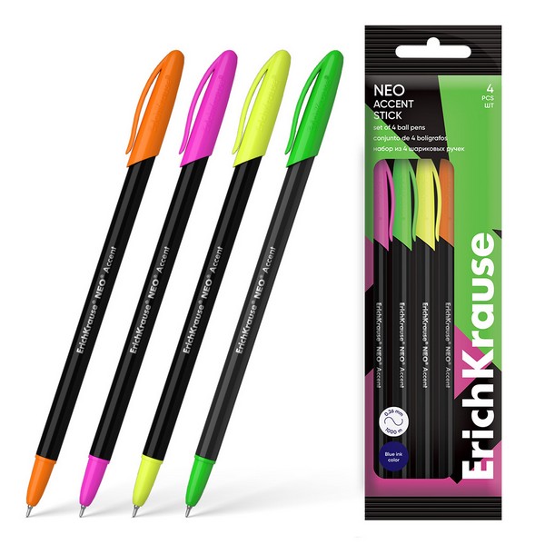 Набор из 4 ручек шариковых ErichKrause Neo® Stick Accent 0.7, Super Glide Technology, цвет чернил синий (в пакете) 61008