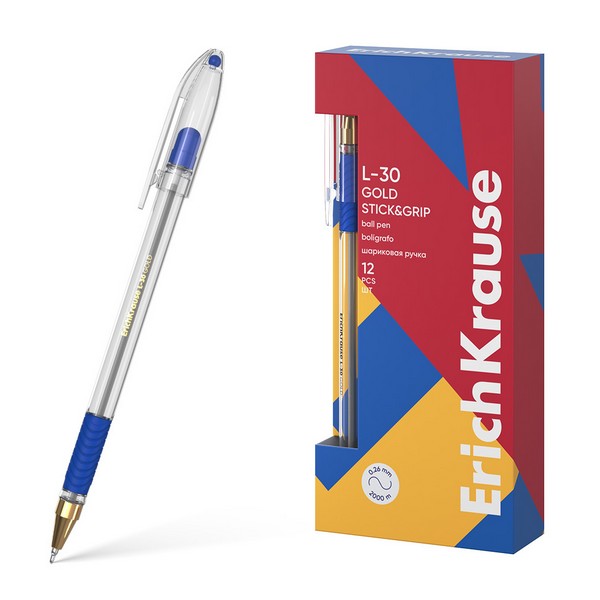 Ручка шариковая ErichKrause L-30 Gold Stick&Grip Classic 0.7, Super Glide Technology, цвет чернил синий (в коробке по 12 шт.) 61041