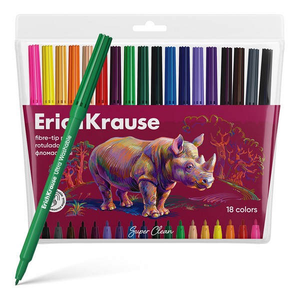 Фломастеры ErichKrause Safari Ultra Washable 18 цветов (в футляре с европодвесом 18 шт) 61837