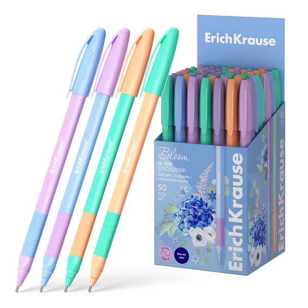 Ручка шариковая ErichKrause U-109 Stick&Grip Pastel Bloom 1.0, Ultra Glide Technology, цвет чернил синий (в коробке по 50 шт.) 61025