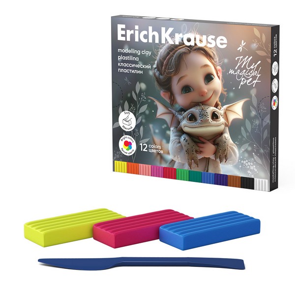 Пластилин классический ErichKrause Magic Pet 12 цветов со стеком, 180 г (в коробке 12 шт) 62975