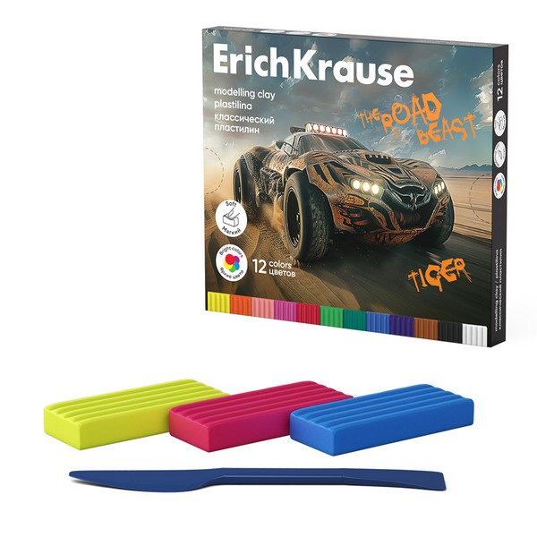 Пластилин классический ErichKrause Road Beast 12 цветов со стеком, 180 г (в коробке 12 шт) 62977