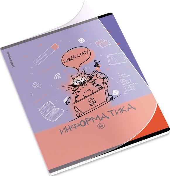 Тетрадь общая ученическая с пластиковой обложкой на скобе ErichKrause Котоформулы, Информатика, 48 листов, клетка 048055254-62536