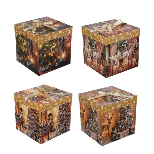 Коробка подарочная, бумажная, складная, с лентой, 22x22x22 см, 4 дизайна, "Новогодние", СНОУ БУМ 780-008