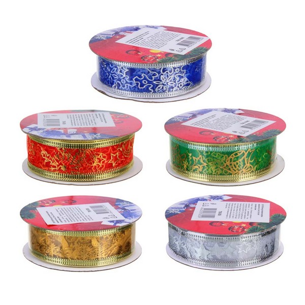 Лента для упаковки и декора, каркасная нить, 2,5см x 2,7м, сетка с фольгиров. слоем, 5 диз., СНОУ БУМ 790-006