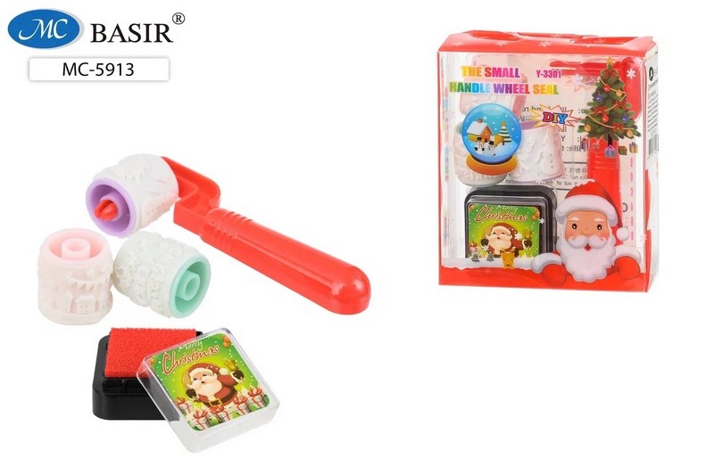 Набор подарочный канцелярский: детский "НОВОГОДНИЙ" ролик-штамп фигурный 3 шт+штемпельная подушка, пластиковая упаковка/9*8 см. МС-5913