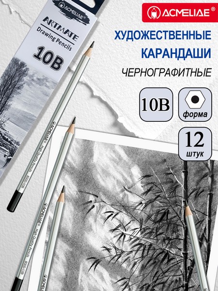 Карандаш чернографитный ACMELIAE 10B шестигранный, корпус серебряный 8000-10B EAN