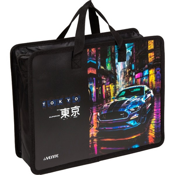 Папка для тетрадей, ИЗО и технологии "deVENTE Label. Tokyo Drift" A4 (33,5x26x10 см) с текстильным расширением 10 см, на молнии сверху, пластик 400 мкм, текстильные ручки, в пластиковом пакете 8057539