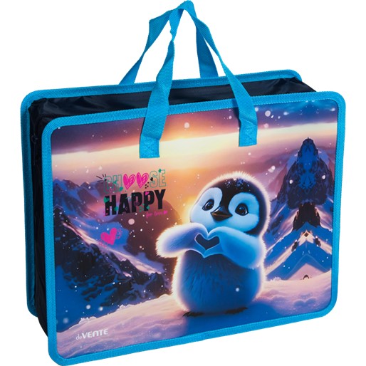 Папка для тетрадей, ИЗО и технологии "deVENTE. Happy Pinguin" A4 (33,5x26x10 см) с текстильным расширением 10 см, на молнии сверху, пластик 400 мкм, текстильные ручки, в пластиковом пакете 8057506