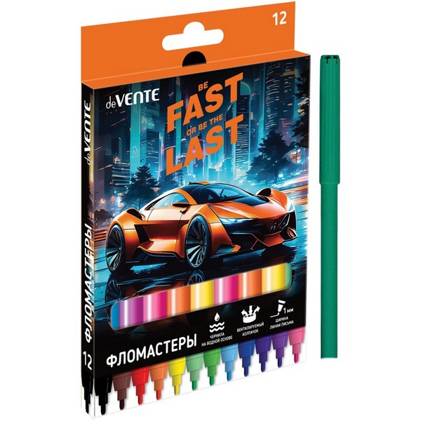 Фломастеры 12 цв. "deVENTE. Fast Or Last" с вентилируемым колпачком, в картонной коробке с подвесом 5081532