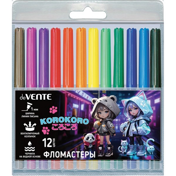 Фломастеры 12 цв. "deVENTE. Korokoro" с вентилируемым колпачком, в пластиковом блистере 5081526