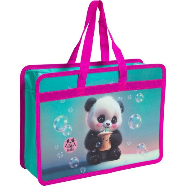 Папка для тетрадей, ИЗО и технологии "deVENTE. Yummy Panda" A4 (340x250x100 мм) с текстильным расширением 10 мм, на молнии сверху, 400 мкм, матовая полупрозрачная с рисунком, с искрящейся фактурой, текстильные ручки, индивидуальная упаковка 8057502