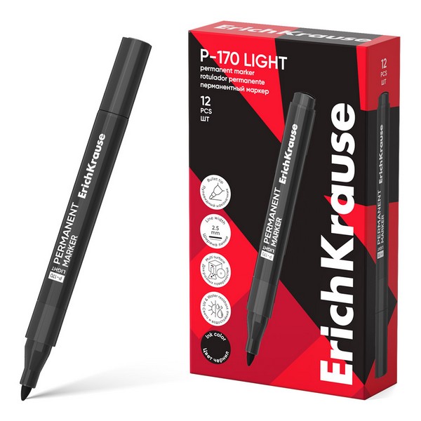 Маркер перманентный ErichKrause P-170 light, цвет чернил черный (в коробке по 12 шт.) 63563