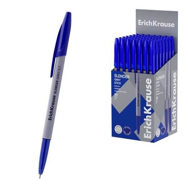 Ручка шариковая ErichKrause Slender Stick Grey 0.7, Super Glide Technology, цвет чернил синий 63083