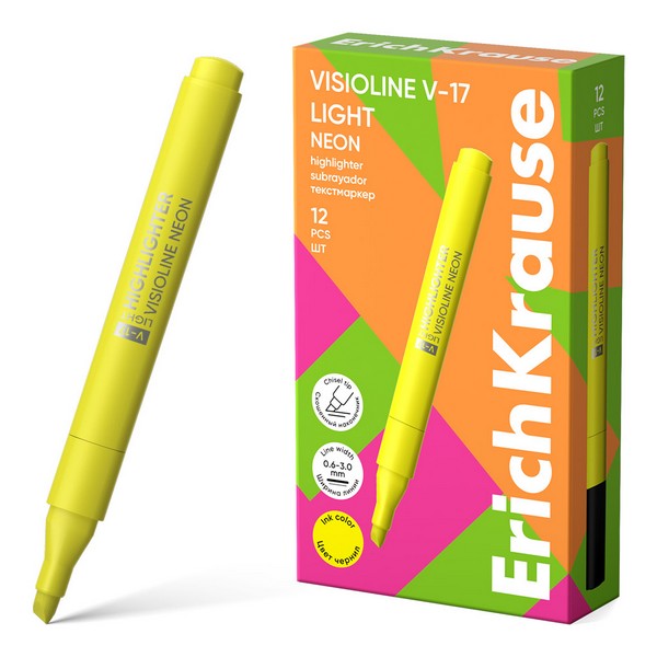 Текстовыделитель ErichKrause Visioline V-17 light Neon, цвет чернил желтый (в коробке по 12 шт.) 63556