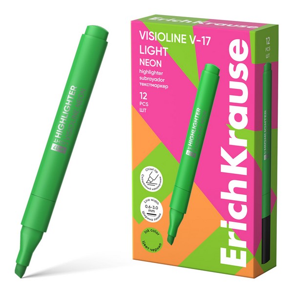 Текстовыделитель ErichKrause Visioline V-17 light Neon, цвет чернил зеленый (в коробке по 12 шт.) 63557