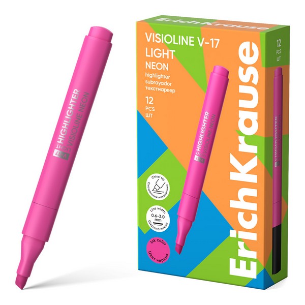 Текстовыделитель ErichKrause Visioline V-17 light Neon, цвет чернил розовый (в коробке по 12 шт.) 63558