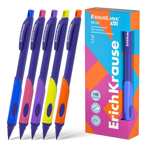 Карандаш мех. ErichKrause ErgoLine® Kids Neon 2.0 мм, с точилкой, НВ (в коробке по 12 шт.) 63332
