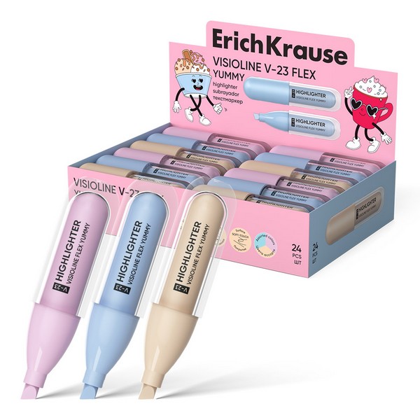 Текстовыделитель ErichKrause Visioline V-23 Flex Yummy, с гибким наконечником, цвет чернил ассорти (в коробке-дисплее по 24 шт.) 63554