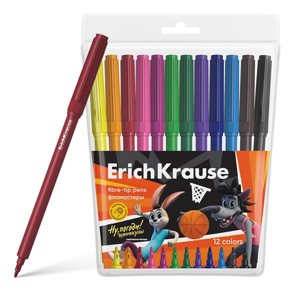 Фломастеры ErichKrause Ну, Погоди! Каникулы, 12 цветов (в футляре с европодвесом 12 шт) 62573