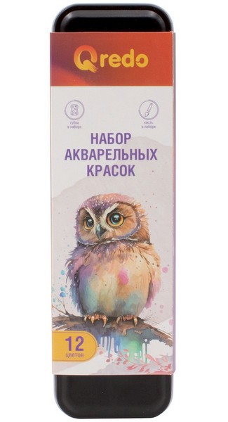 Краски акв. 12 цв., губка и кисть с резервуаром для воды в наборе, в металлической коробке, QREDO  0173001100 ( 15-3634)